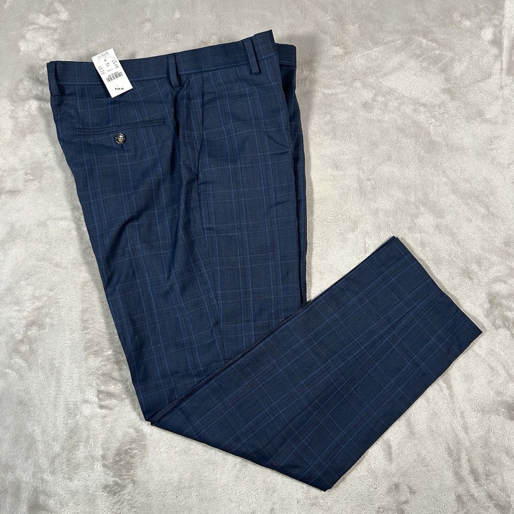 J. Crew Thompson Men 34x30 Blue Plaid Slim Fit Stretch 100% Wool Dress Pants NWT